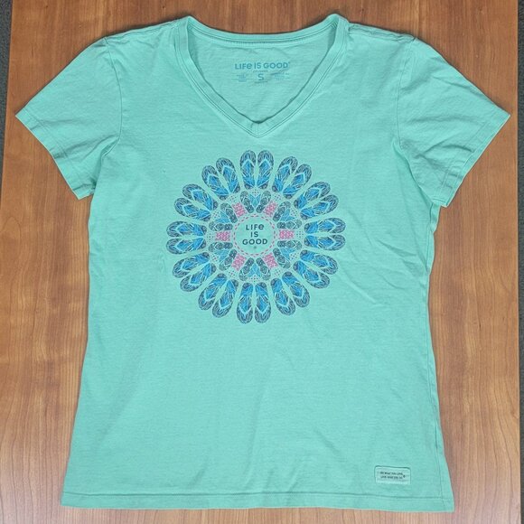 Life is Good Flip Flop Sunburst Green V-neck Short Sleeve Crusher Tee - S - Picture 5 of 10